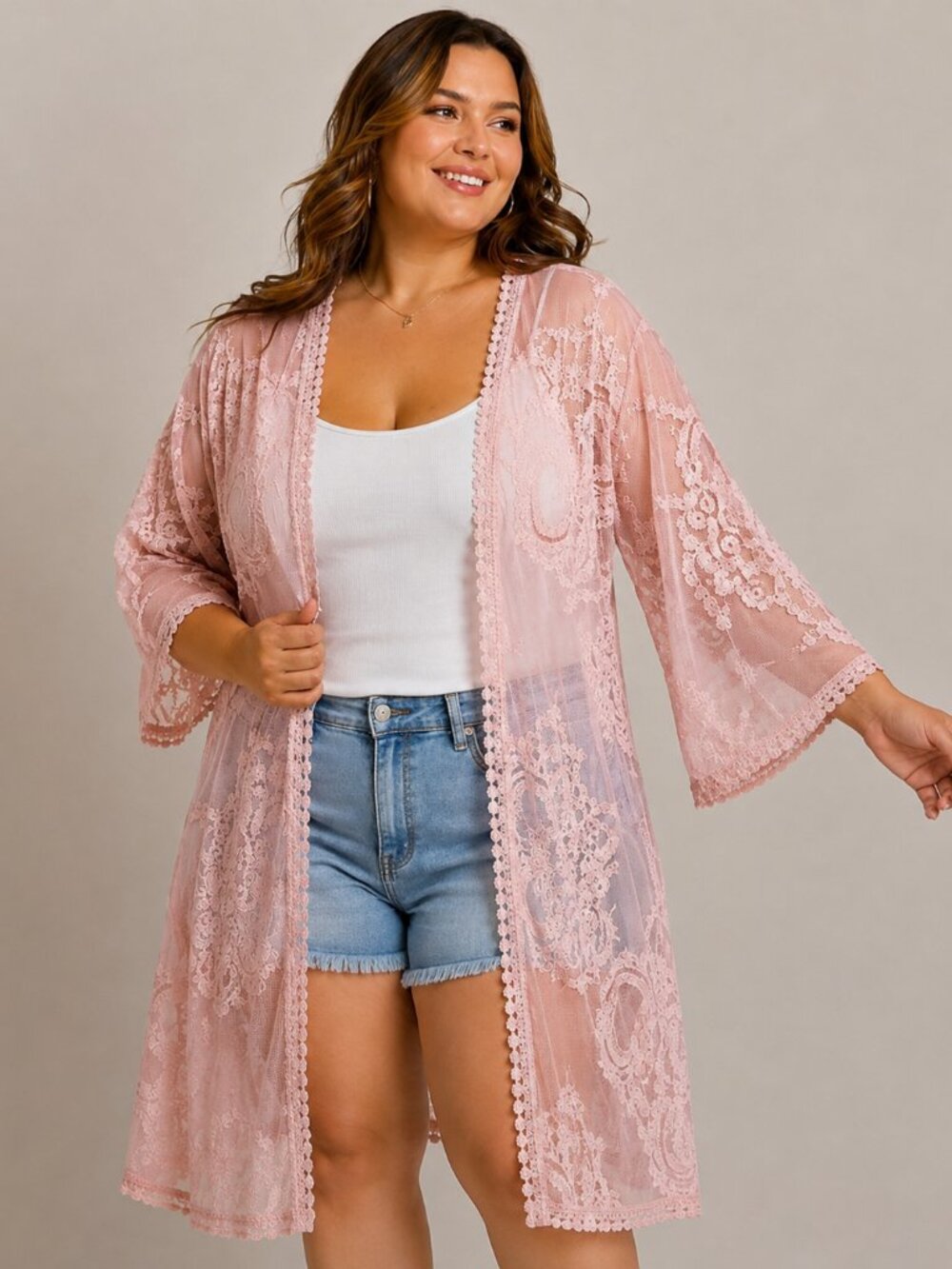 Rachel Zoe Pink Embroidered Lace Kimono Duster Swim Cover Up OS